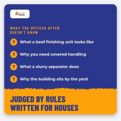 Foxes Rural card: what the planning officer often doesn't know, including what a beef finishing unit looks like, why you need covered handling, what a slurry separator does and why the building sits by the yard. Judged by rules written for houses.