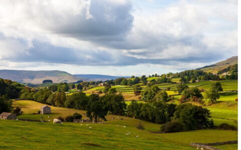 Rolling green hills and stone barns of the English countryside, Hawes, Yorkshire