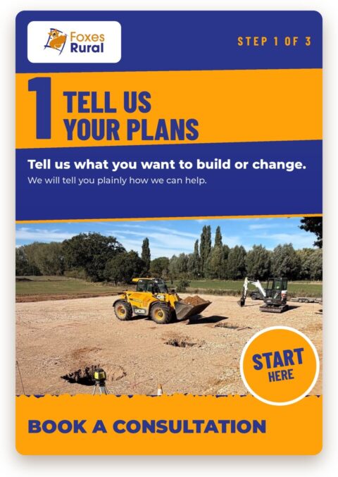 Foxes Rural step 1 of 3, tell us your plans: book a planning consultation and tell us what you want to build or change on your farm. Photo of groundworks for a new farm building with a telehandler and digger.