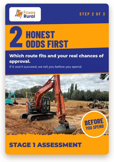 Foxes Rural step 2 of 3, honest odds first: our Stage 1 assessment tells you which planning route fits and your real chances of approval before you spend. Photo of an excavator digging groundworks for a new farm building.