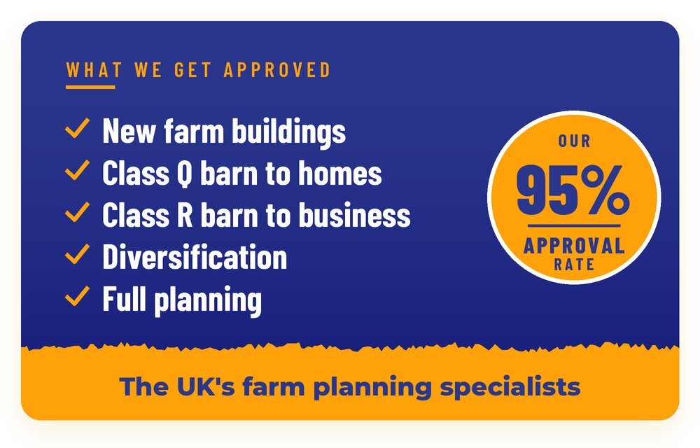 Foxes Rural: what we get approved. New farm buildings, Class Q barn to homes, Class R barn to business, diversification and full planning. Our 95% approval rate. The UK's farm planning specialists.
